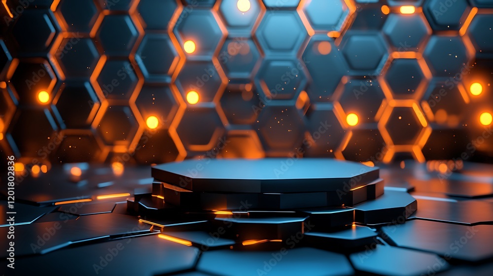Poster 3d render of a hexagonal pattern with glowing light and a podium on a futuristic background, a techn