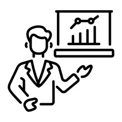 A character giving business presentation, line style icon 