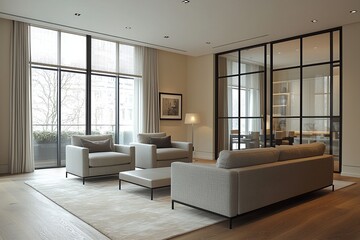 Mid century Modern Interior Design in the living room with windows visible and sofa and table. Generative AI
