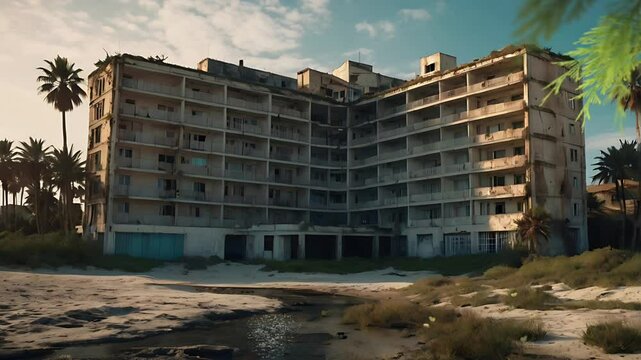 A run-down abandoned hotel sits on the beach. Seamless 4K looping timelapse video animation background