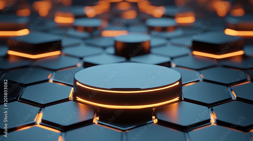 Poster 3d render of a hexagonal pattern with glowing light and a podium on a futuristic background, a techn