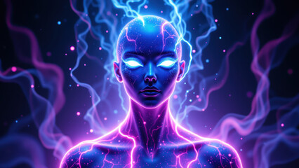 A fantastical AI girlfriend with a glowing purple and blue aura.