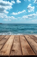 Fototapeta premium Serene Wooden Table Overlooking Blue Sea and Sky