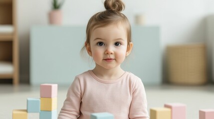 Playtime Learning Toddlers Building Blocks to Develop Motor Skills and Creativity  Happy cheerful child playing with colorful building blocks