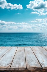 Wooden Table Top with Blue Sky and Sea Background