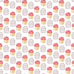 Watercolor seamless pattern with buns, cream cupcakes and ripe strawberries, raspberries and cherries