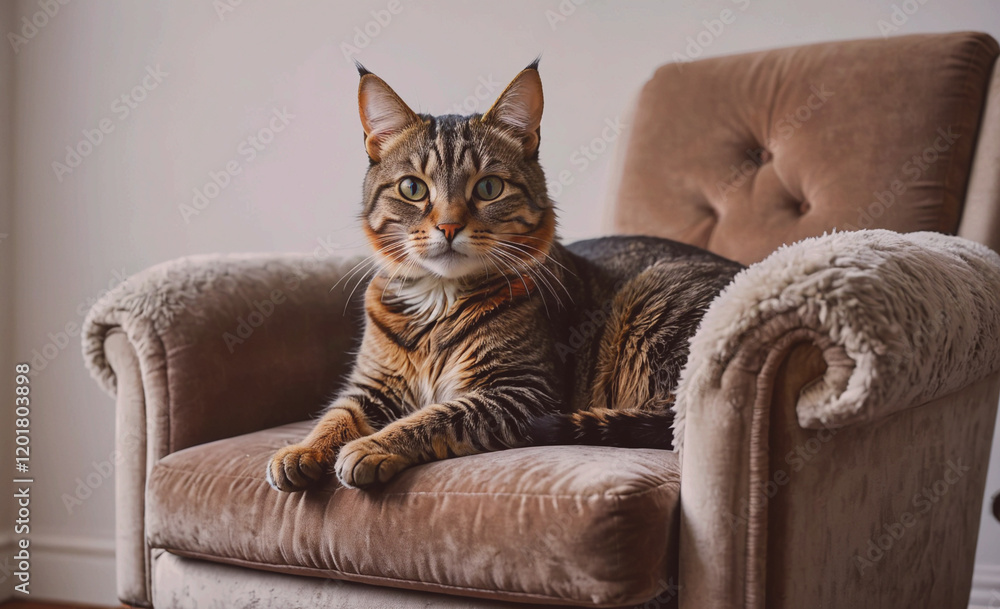 Aufkleber a cat is laying on a chair with its head tilted to the side. the chair is brown and has a fluffy cus
