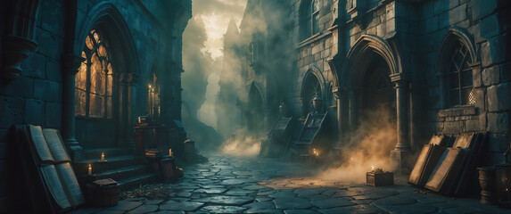 Fototapeta premium Mysterious cobblestone alleyway with ancient stone buildings, candles, and fog for an enchanting atmosphere