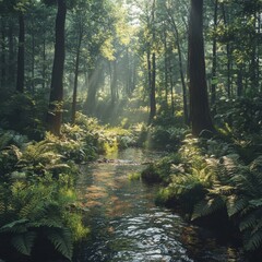 Obraz premium Lush Forest Scene with Ferns and Towering Trees
