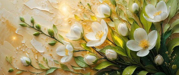 Fototapeta premium Elegant floral arrangement with white flowers and green leaves on a golden background for decoration