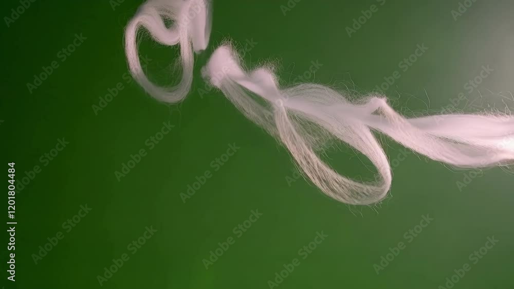 Poster fluffy white string floating and swirling gracefully against vibrant green background, creating mesm
