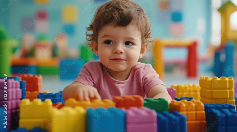 Poster cheerful young girl engaged in playful learning and problem solving with a variety of colorful build