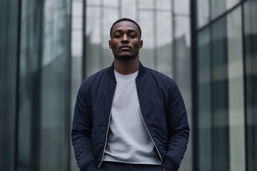 Sporty-elegant look with navy bomber jacket, grey shirt, and black trousers