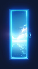 Glowing door reveals serene sky and water.