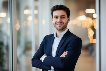 Blurred abstract background of a contemporary office interior with white walls, transparent glass doors, and subtle bokeh lighting, offering a clean, professional aesthetic perfect for copy space.