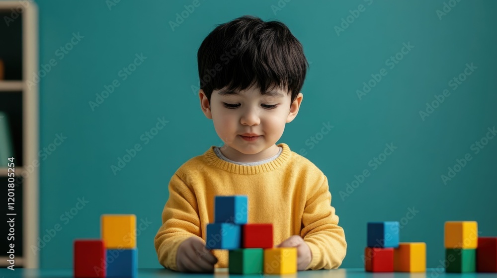 Poster curious young boy engrossed in imaginative play with colorful wooden blocks exploring problem solvin