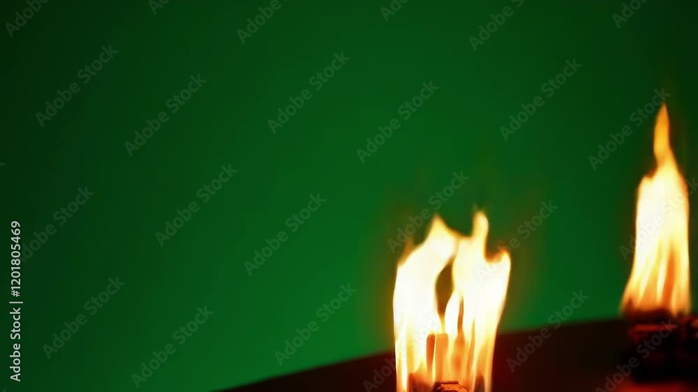 Poster realistic fire flames burning against green screen background, providing transparent visual effects 