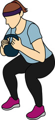 Illustration of a female athlete dressed in workout attire performing a squat with a kettlebell, emphasizing physical fitness and strength training. Perfect for gym posters, exercise guides.