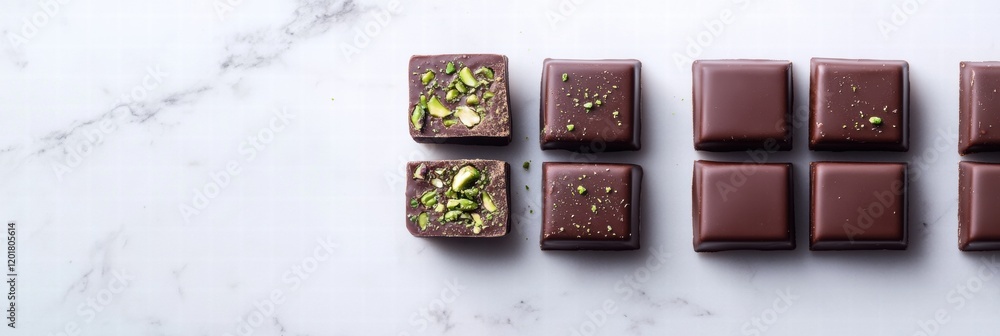 Poster decadent chocolate squares filled with rich pistachio paste on a marble surface. generative ai