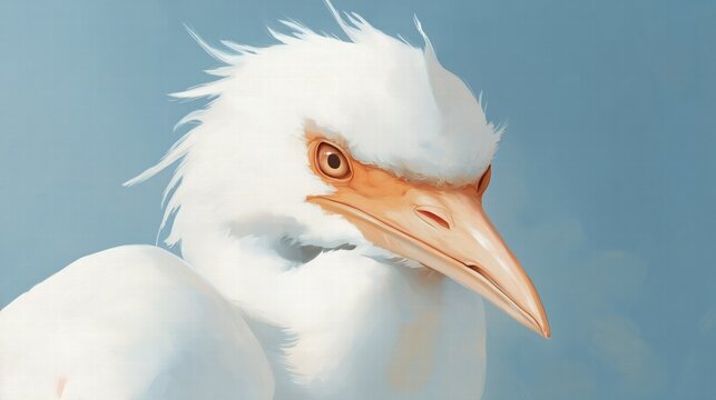 A white bird with a brown beak and orange eyes