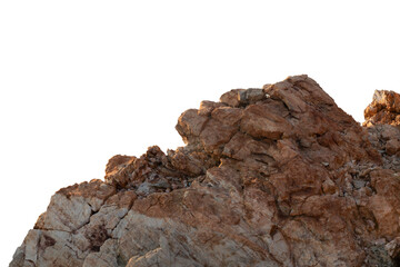 a sunlit rock cliff isolated against a white background. The sun casts warm tones and shadows across the rocky surface
