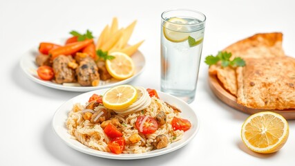 Brazilian Prato Feito, Sparkling Water & Lemon -  Delicious Meal Scene