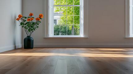 Brightly lit room with large window and potted flowers showcasing natural light and modern design