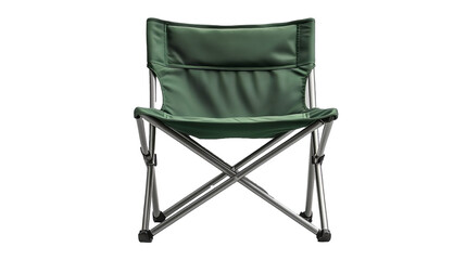 A green folding camping chair designed for outdoor use. 