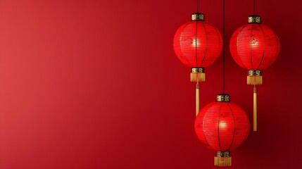 Elegant Traditional Chinese Red Lanterns Hanging in Festive Arrangement on Clean Red Background