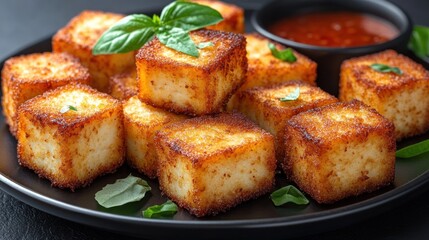 Crispy fried cheese cubes with chili sauce.
