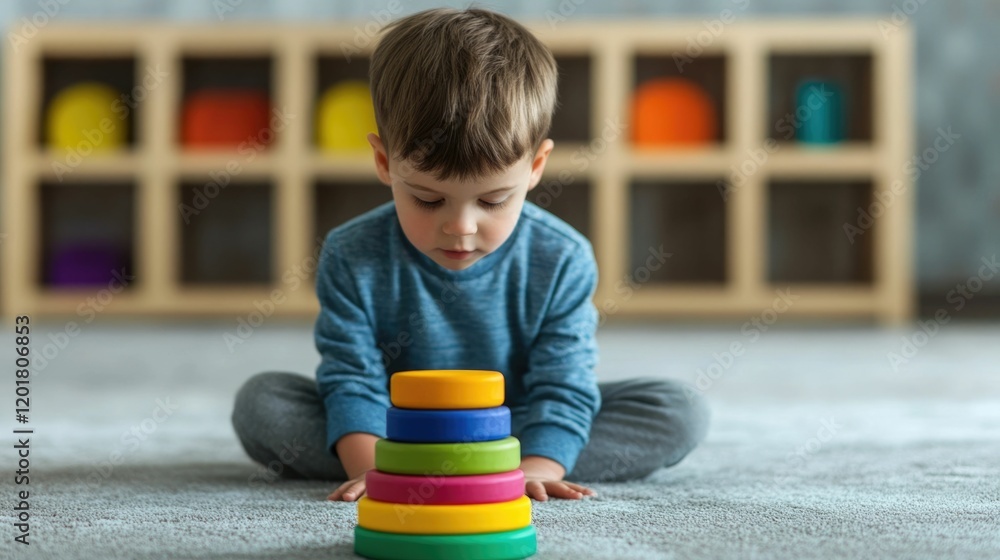 Poster young boy sitting on the floor and playing with colorful wooden blocks engaging in playtime activiti