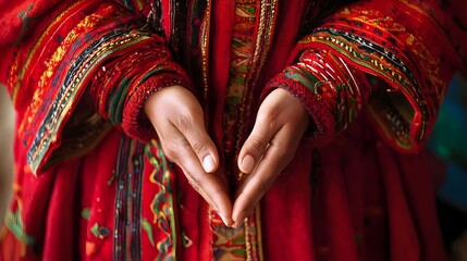 Cultural with Woman in Vibrant Red Traditional Attire