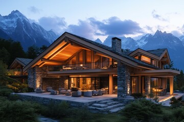 Mountain resort with rustic and modern elements, perfect for relaxation and elegance