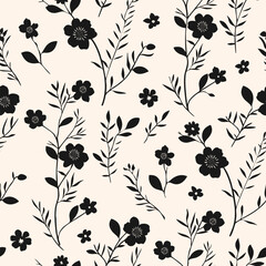 Vector floral seamless pattern. Elegant minimal ditsy background with small wild meadow flowers, leaves, branches. Black and white pretty floral ornament texture. Abstract repeated monochrome design