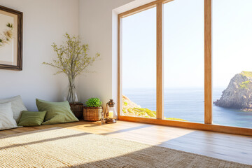 Fototapeta premium Serenity in a coastal room with panoramic ocean views during daytime