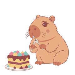 Cute capybara with cake dessert. Vector illustration