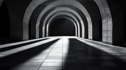 Obraz premium The architectural arches within the spacious minimalist structure produce a striking contrast of shadows, creating a captivating dance between light and dark