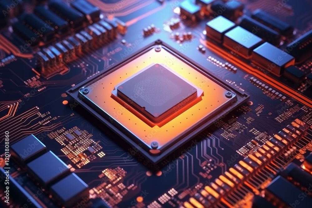 Poster close up of a modern cpu, highlighting its processing power and intricate connection to a circuit bo