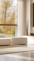 Modern living room with large windows showcasing autumn foliage during sunlight hours