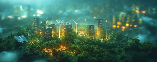 Sustainable industry and green energy solutions, ESG concept with wind turbines and solar panels, ecoconscious corporate governance, ultradetailed, dynamic lighting