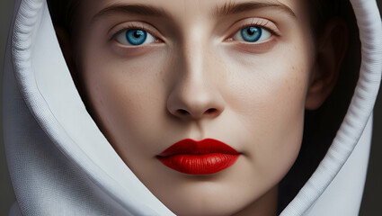 A beautiful women closeup face photo blue eyes and red lips looks so beautiful
