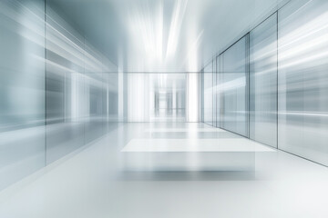 Blurred abstract background of a contemporary office interior with white walls, transparent glass doors, and subtle bokeh lighting, offering a clean, professional aesthetic perfect for copy space.
