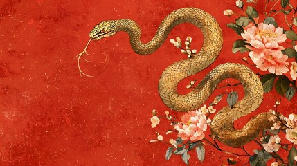 Obraz premium Minimalist Golden Snake Symbolizing the Chinese Zodiac Year of the Snake with Floral Accents on a Vibrant Red Background