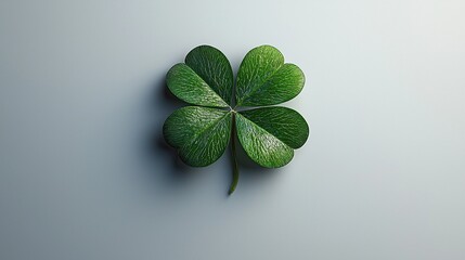 Four-leaf clover on minimalist gray backdrop, symbolic of luck.