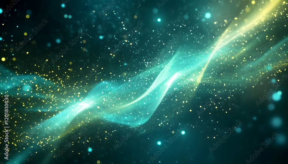 Wall mural background with glowing light blue and green lines, particles of data flowing in the air.