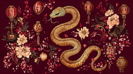 Fototapeta premium Detailed of Golden Snake Amid Chinese Motifs and Lanterns