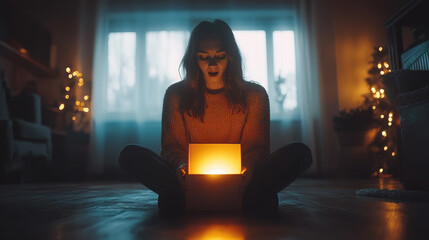Woman sitting cross-legged in a cozy room, surprised by the glow of an illuminated box during evening hours