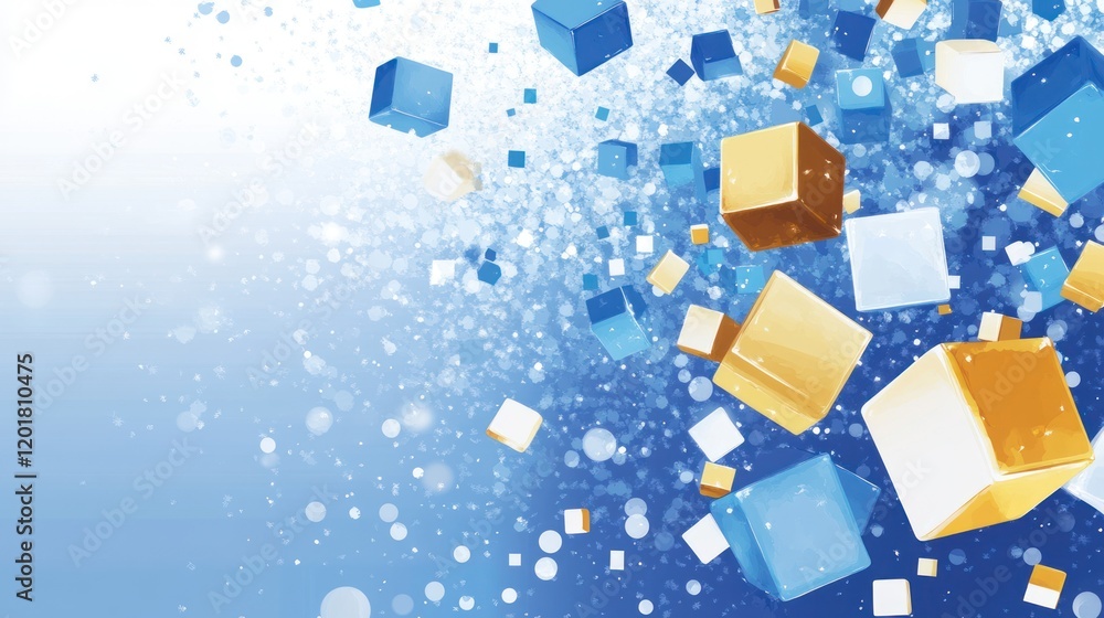 Poster abstract background with floating blue and gold cubes on bright bokeh.