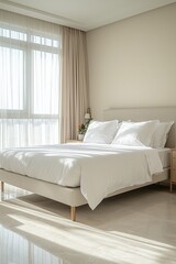 A modern mid century modern interior design of a house bedroom with windows and a bed. Generative AI
