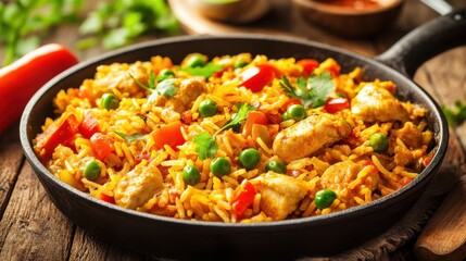 Image of rice and chicken curry with bell peppers and peas in a rustic iron skillet, emphasizing rich and spicy flavors. Ideal for hearty meals and Indian cuisine.